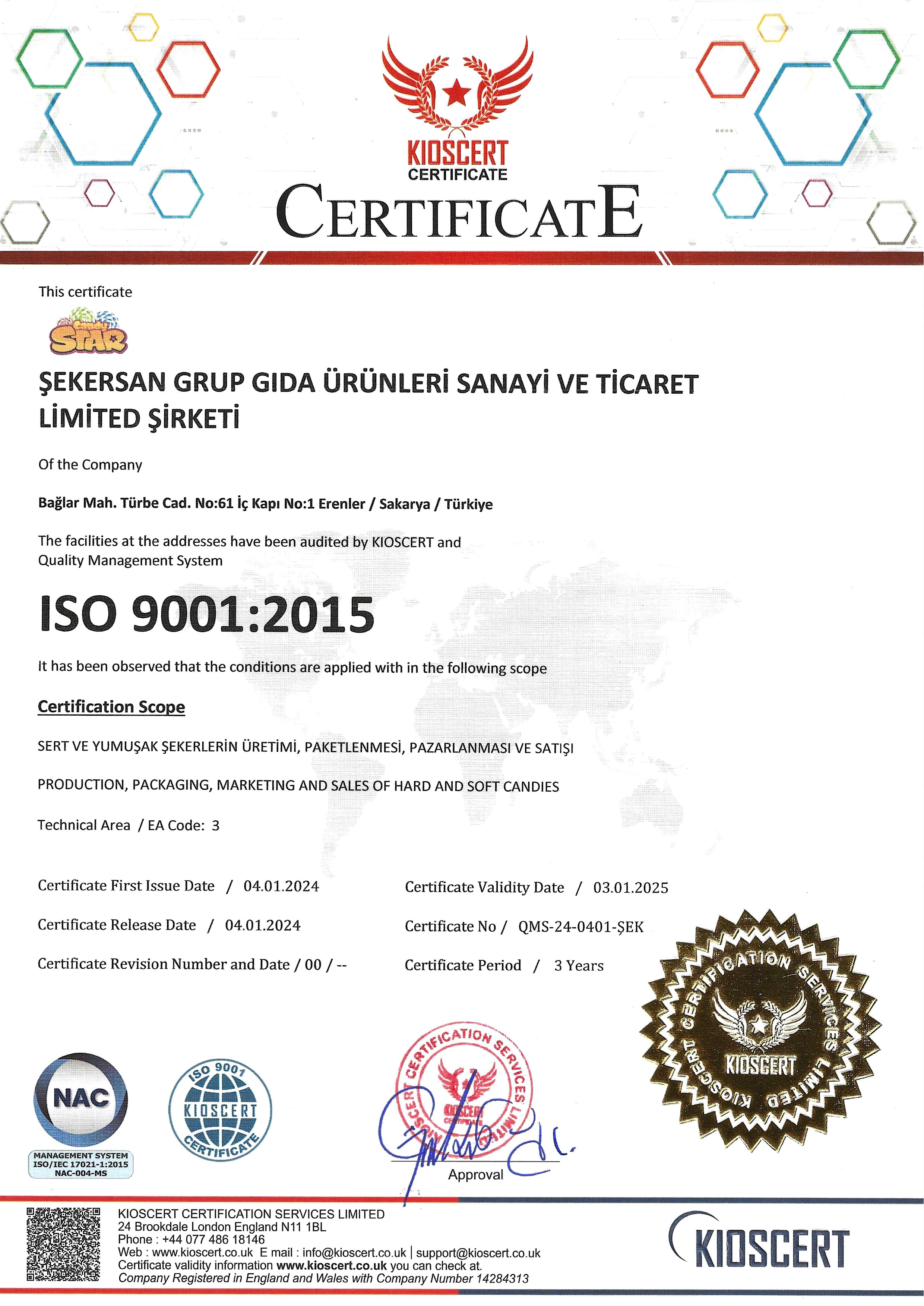 ISO9001:2015 Kalite Belgesi